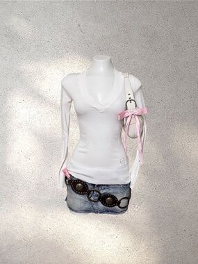 G by GUESS White Ribbed Knit Long Sleeve w/ Crystal G Logo